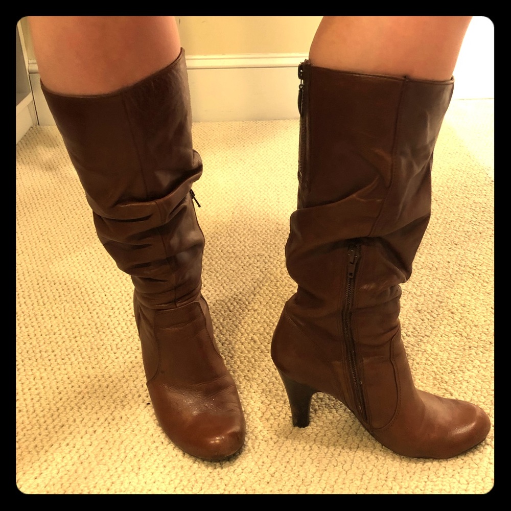 Guess Brown Leather Mid-Calf Heeled Boots